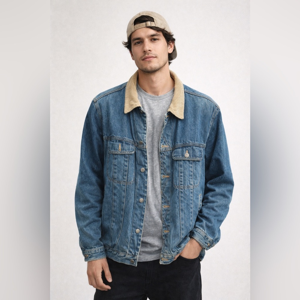 Canyon River Blues Men’s Denim Jacket – Corduroy Collar, Plaid Lined, Husky Fit